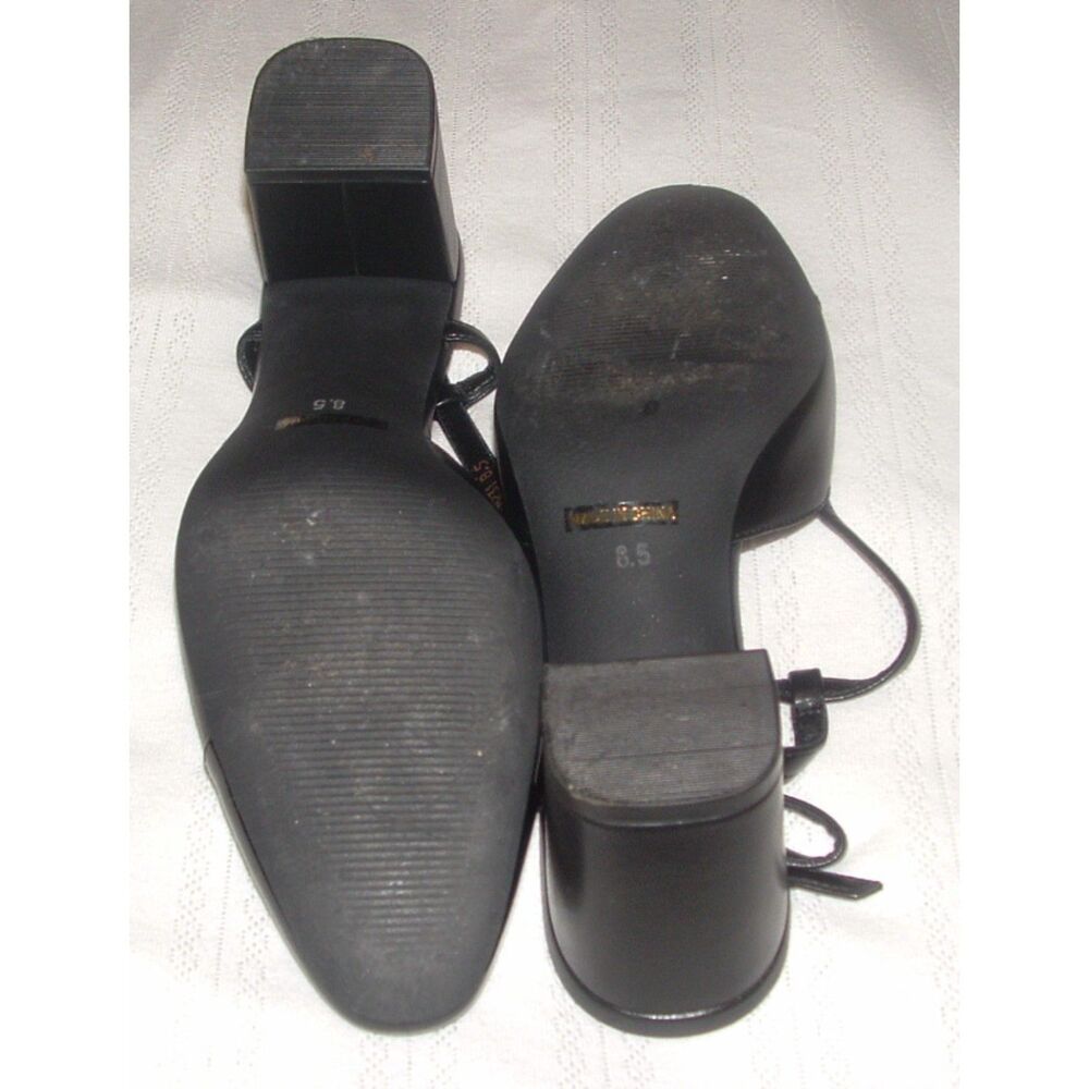 DUMJEY Black Sz 8 1/2 Faux Leather Slingback 2 Tone Close Toe Chunky Block Heels - Picture 8 of 8